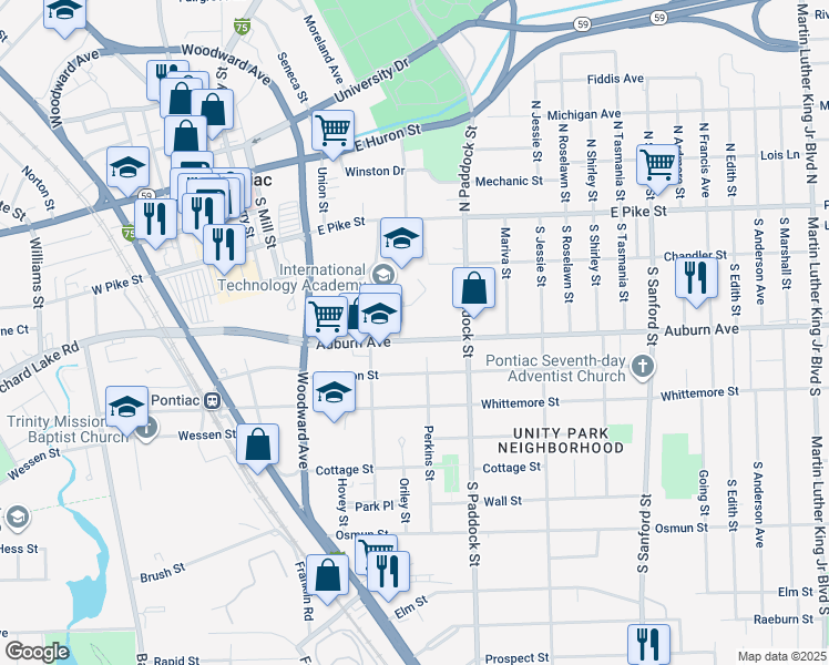 map of restaurants, bars, coffee shops, grocery stores, and more near 175 Auburn Avenue in Pontiac