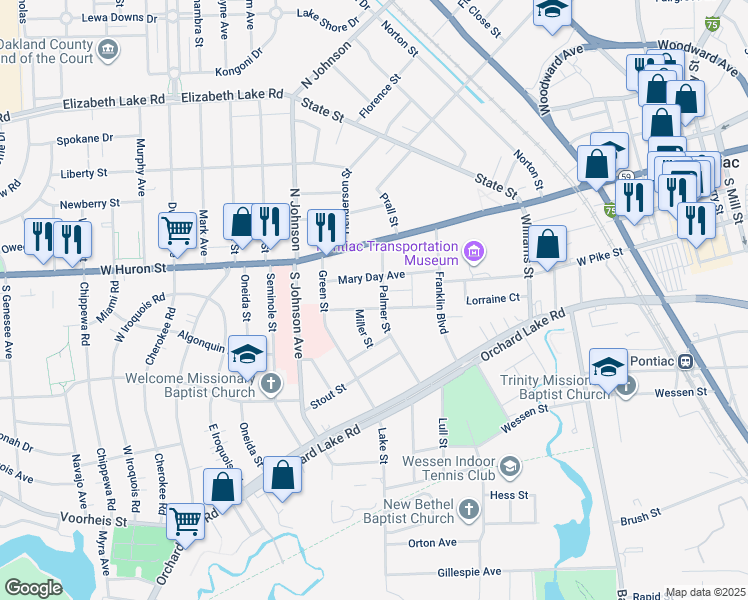 map of restaurants, bars, coffee shops, grocery stores, and more near 68 Henry Clay Avenue in Pontiac
