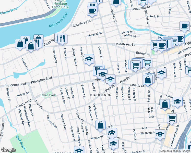 map of restaurants, bars, coffee shops, grocery stores, and more near 185 Stevens Street in Lowell