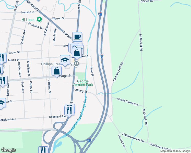map of restaurants, bars, coffee shops, grocery stores, and more near 37 River Street in Homer
