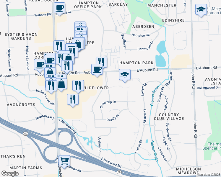 map of restaurants, bars, coffee shops, grocery stores, and more near 3135 Goldenrod Drive in Rochester Hills