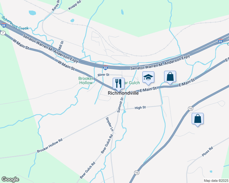 map of restaurants, bars, coffee shops, grocery stores, and more near 268 Main Street in Richmondville