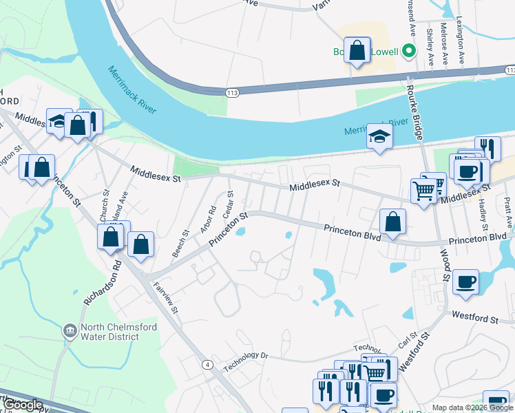 map of restaurants, bars, coffee shops, grocery stores, and more near 15 Harvard Street in Chelmsford
