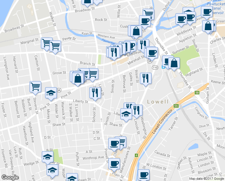 map of restaurants, bars, coffee shops, grocery stores, and more near 106 Smith Street in Lowell