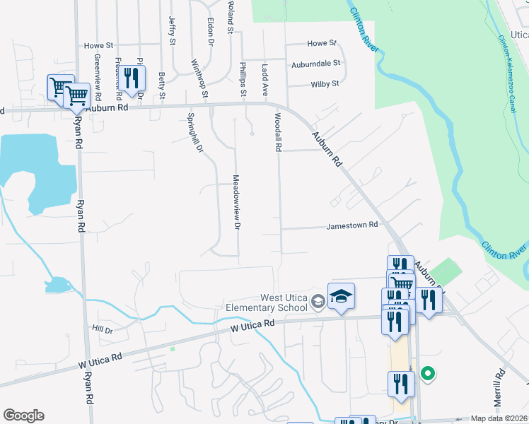map of restaurants, bars, coffee shops, grocery stores, and more near 46319 Woodall Road in Macomb County