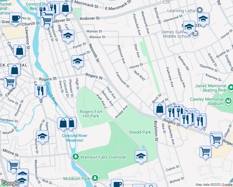 map of restaurants, bars, coffee shops, grocery stores, and more near 335 Rogers Street in Lowell