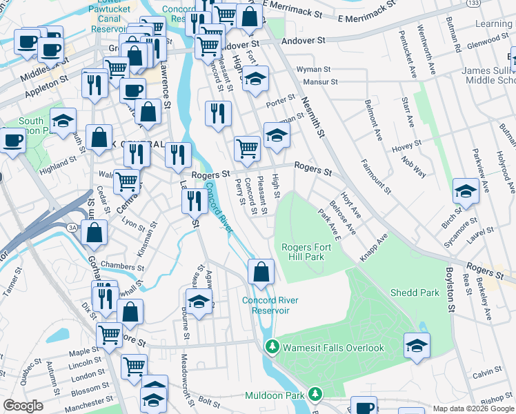 map of restaurants, bars, coffee shops, grocery stores, and more near 280 Pleasant Street in Lowell