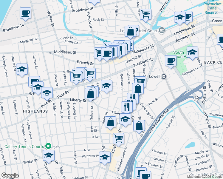 map of restaurants, bars, coffee shops, grocery stores, and more near 106 Smith Street in Lowell