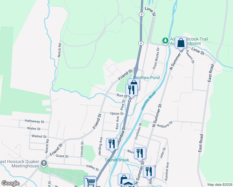 map of restaurants, bars, coffee shops, grocery stores, and more near 35 Burt Street in Adams