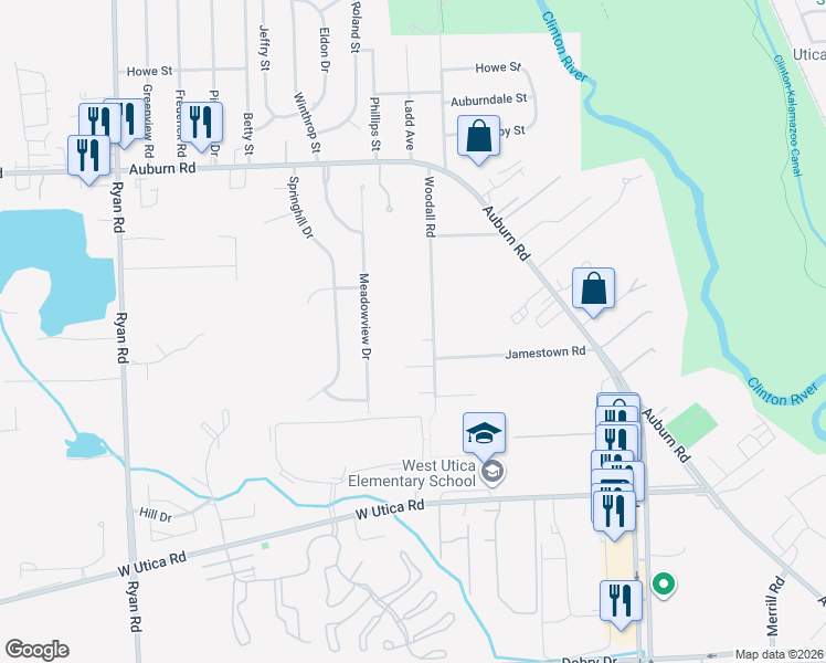 map of restaurants, bars, coffee shops, grocery stores, and more near 46319 Woodall Road in Macomb County