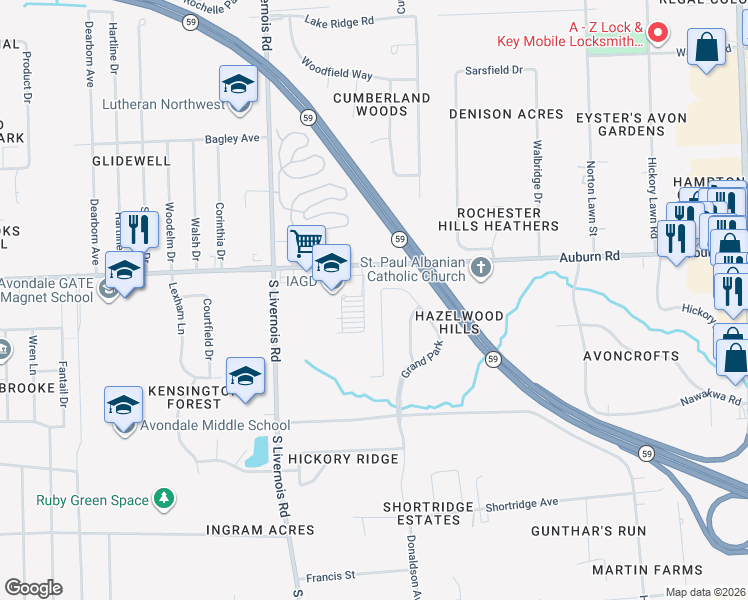 map of restaurants, bars, coffee shops, grocery stores, and more near 819 West Auburn Road in Rochester Hills