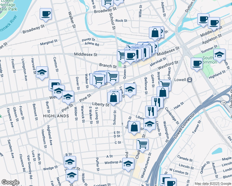 map of restaurants, bars, coffee shops, grocery stores, and more near 584 School Street in Lowell