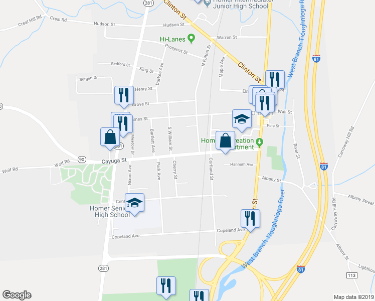 map of restaurants, bars, coffee shops, grocery stores, and more near 52 Cayuga Street in Homer