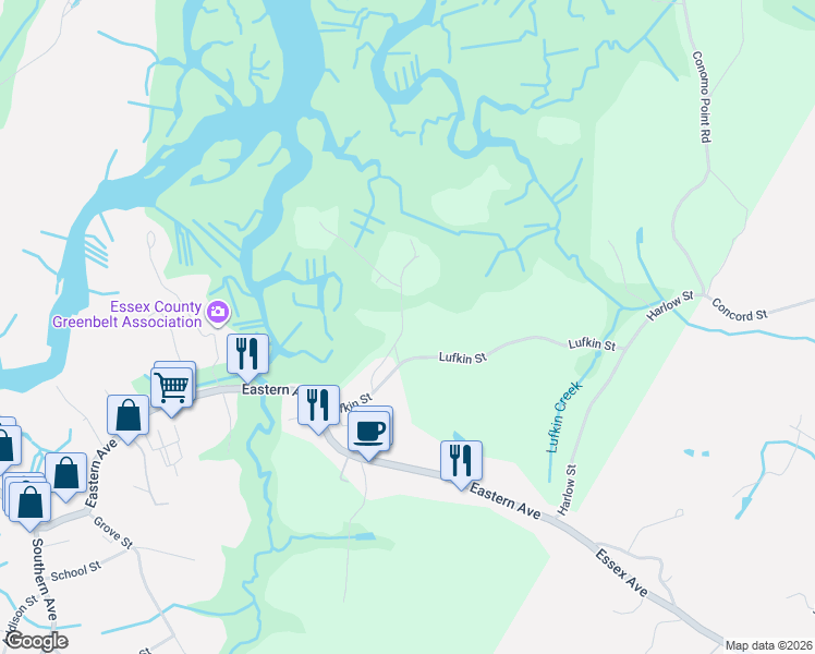map of restaurants, bars, coffee shops, grocery stores, and more near 51 LeBaron Road in Essex