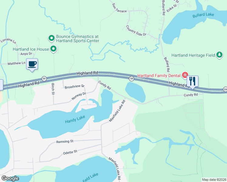 map of restaurants, bars, coffee shops, grocery stores, and more near 11730 Cundy Road in Hartland