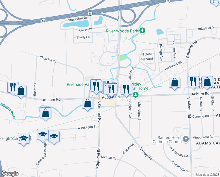 map of restaurants, bars, coffee shops, grocery stores, and more near 93 Squirrel Court in Auburn Hills
