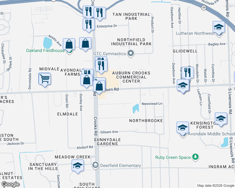 map of restaurants, bars, coffee shops, grocery stores, and more near 1815 West Auburn Road in Rochester Hills