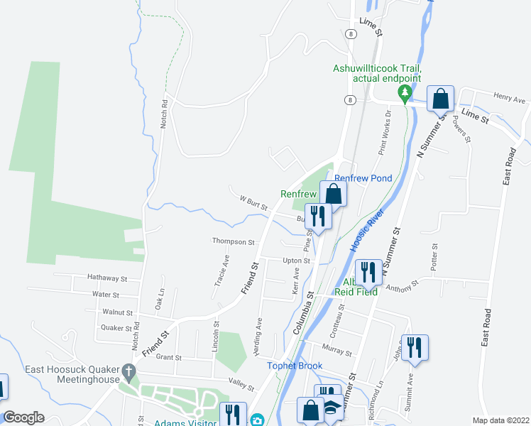 map of restaurants, bars, coffee shops, grocery stores, and more near 89 Friend Street in Adams