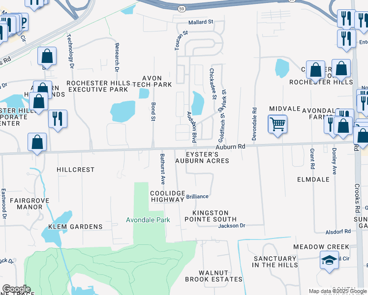 map of restaurants, bars, coffee shops, grocery stores, and more near 2600 W Auburn Rd in Rochester Hills