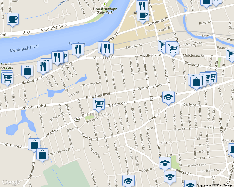 map of restaurants, bars, coffee shops, grocery stores, and more near 190 Princeton Boulevard in Lowell