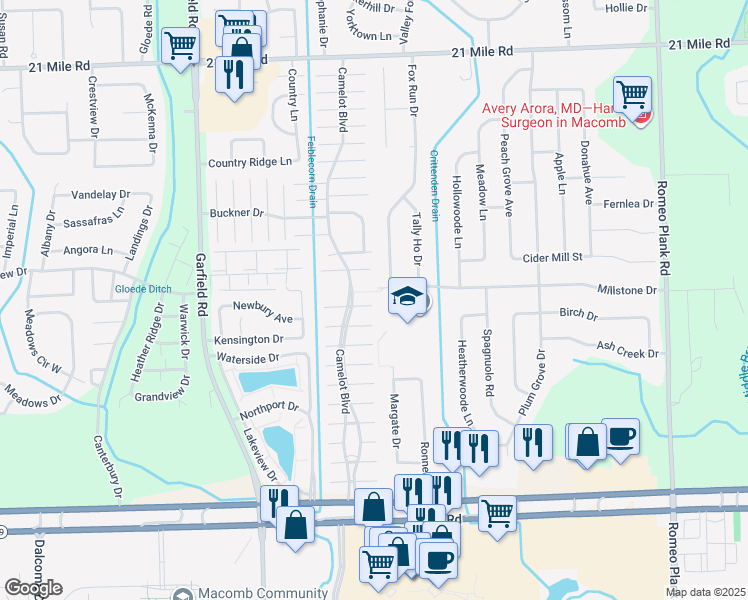 map of restaurants, bars, coffee shops, grocery stores, and more near 17199 Langton Street in Macomb