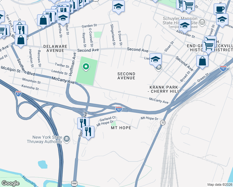 map of restaurants, bars, coffee shops, grocery stores, and more near 142 McCarty Avenue in Albany