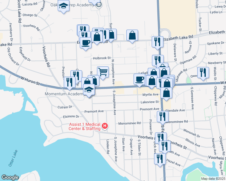 map of restaurants, bars, coffee shops, grocery stores, and more near 1075 West Huron Street in Waterford Township
