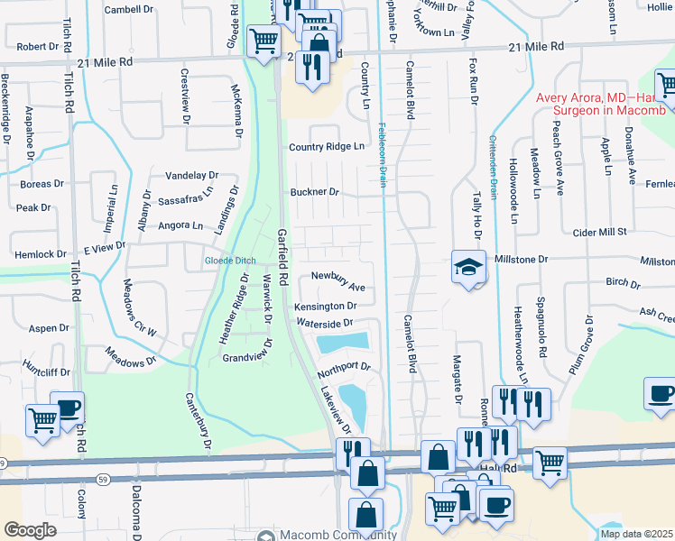 map of restaurants, bars, coffee shops, grocery stores, and more near 16839 Newbury Avenue in Macomb