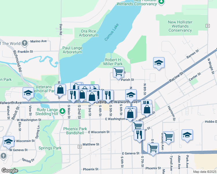 map of restaurants, bars, coffee shops, grocery stores, and more near 202 North 5th Street in Delavan