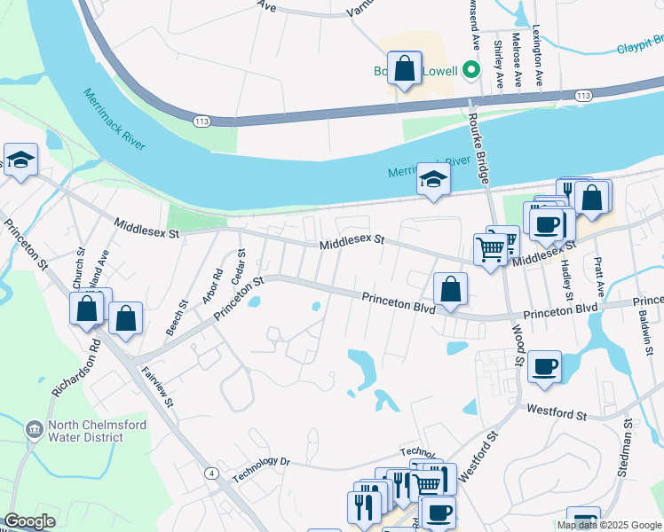 map of restaurants, bars, coffee shops, grocery stores, and more near 24 Brouilette Street in Lowell