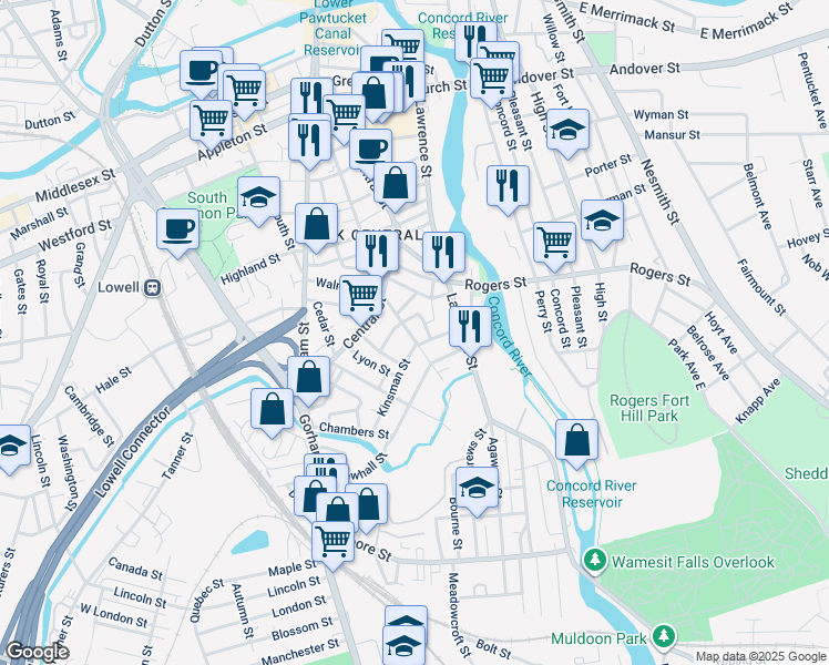 map of restaurants, bars, coffee shops, grocery stores, and more near 59 Swift Street in Lowell