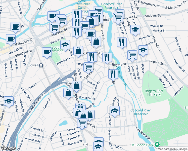 map of restaurants, bars, coffee shops, grocery stores, and more near 40 Mead Street in Lowell