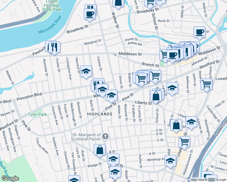 map of restaurants, bars, coffee shops, grocery stores, and more near 426 Westford Street in Lowell