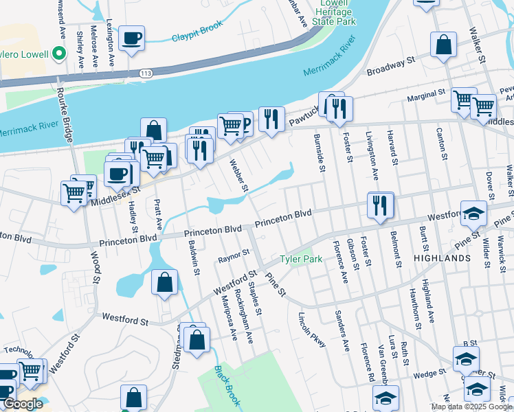 map of restaurants, bars, coffee shops, grocery stores, and more near 15 Foch Street in Lowell