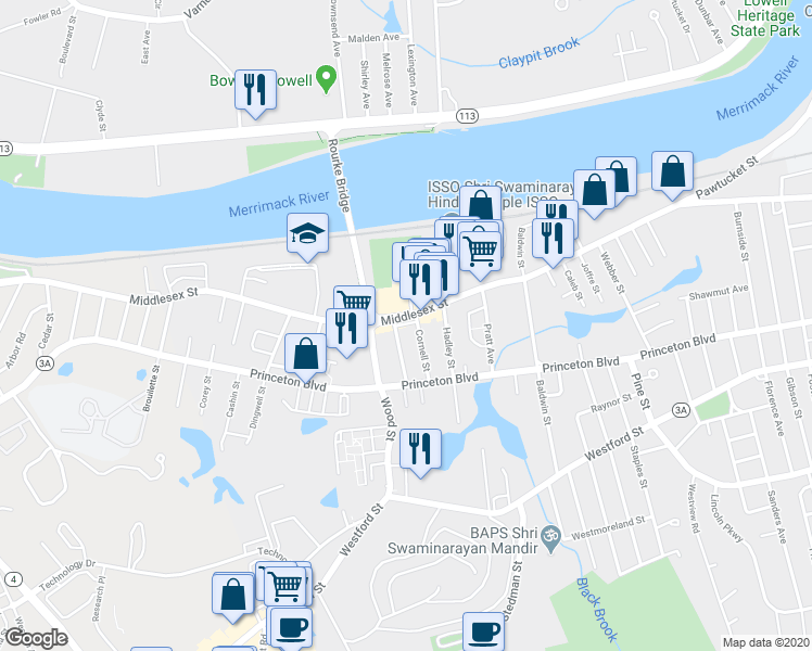 map of restaurants, bars, coffee shops, grocery stores, and more near 17 Columbia Street in Lowell