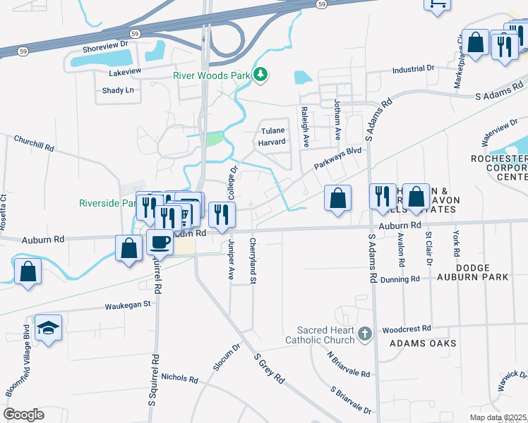 map of restaurants, bars, coffee shops, grocery stores, and more near 3509 Auburn Road in Auburn Hills