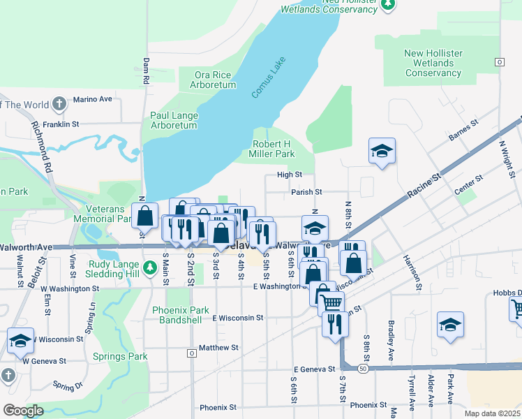 map of restaurants, bars, coffee shops, grocery stores, and more near 202 North 5th Street in Delavan