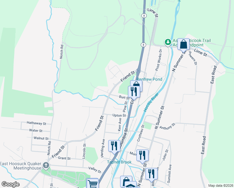 map of restaurants, bars, coffee shops, grocery stores, and more near 35 Burt Street in Adams