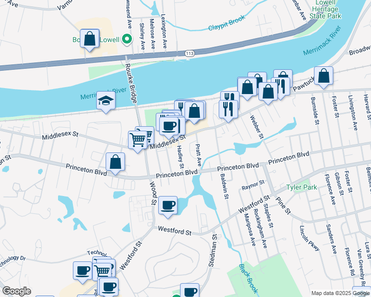 map of restaurants, bars, coffee shops, grocery stores, and more near 18 Hadley Street in Lowell