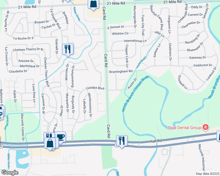 map of restaurants, bars, coffee shops, grocery stores, and more near 21829 Tesner Drive in Macomb