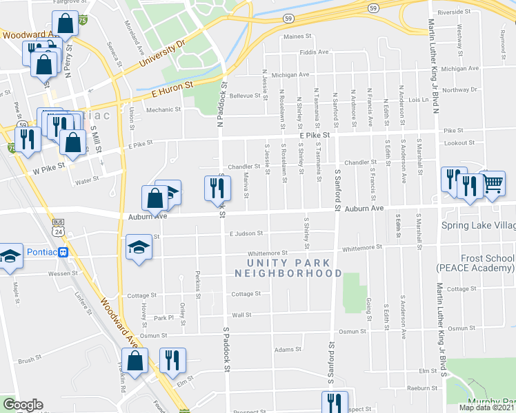 map of restaurants, bars, coffee shops, grocery stores, and more near 289 Auburn Avenue in Pontiac