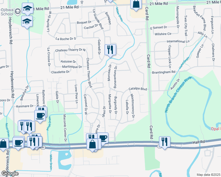 map of restaurants, bars, coffee shops, grocery stores, and more near 45698 Marquette Drive in Macomb
