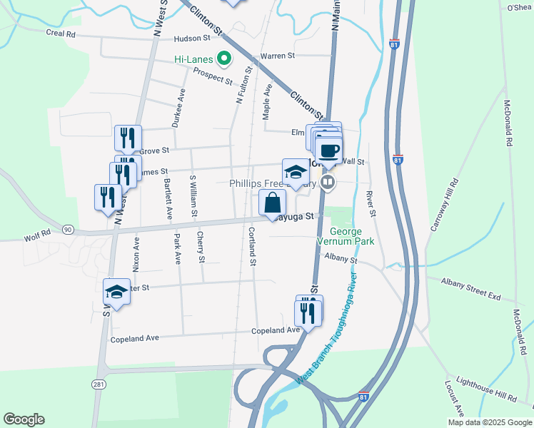 map of restaurants, bars, coffee shops, grocery stores, and more near 32 Cayuga Street in Homer