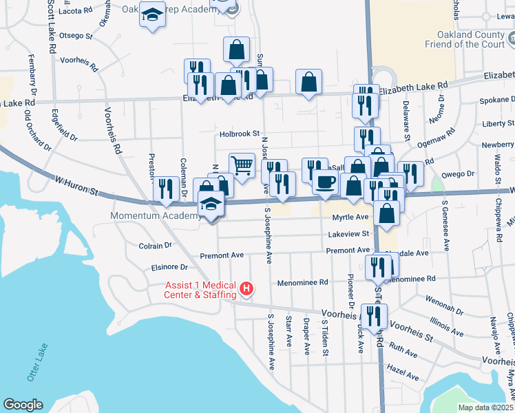 map of restaurants, bars, coffee shops, grocery stores, and more near 1075 West Huron Street in Waterford Township