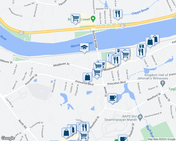 map of restaurants, bars, coffee shops, grocery stores, and more near 1858 Middlesex Street in Lowell