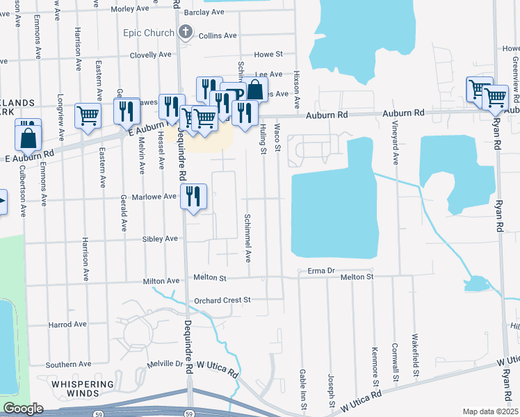 map of restaurants, bars, coffee shops, grocery stores, and more near 46374 Huling Street in Macomb County