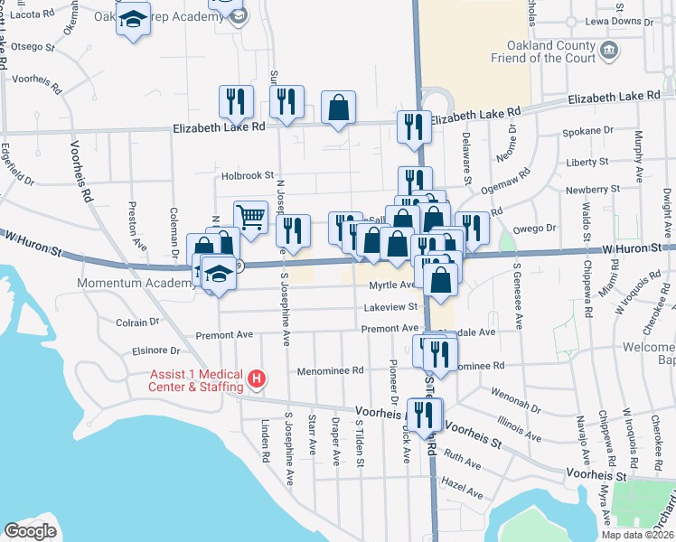 map of restaurants, bars, coffee shops, grocery stores, and more near 1000 Myrtle Avenue in Waterford Township