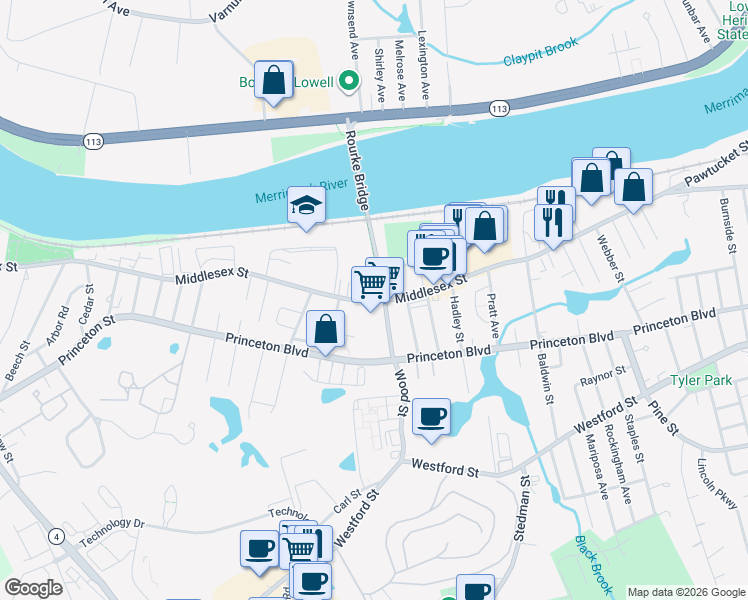 map of restaurants, bars, coffee shops, grocery stores, and more near 1816 Middlesex Street in Lowell