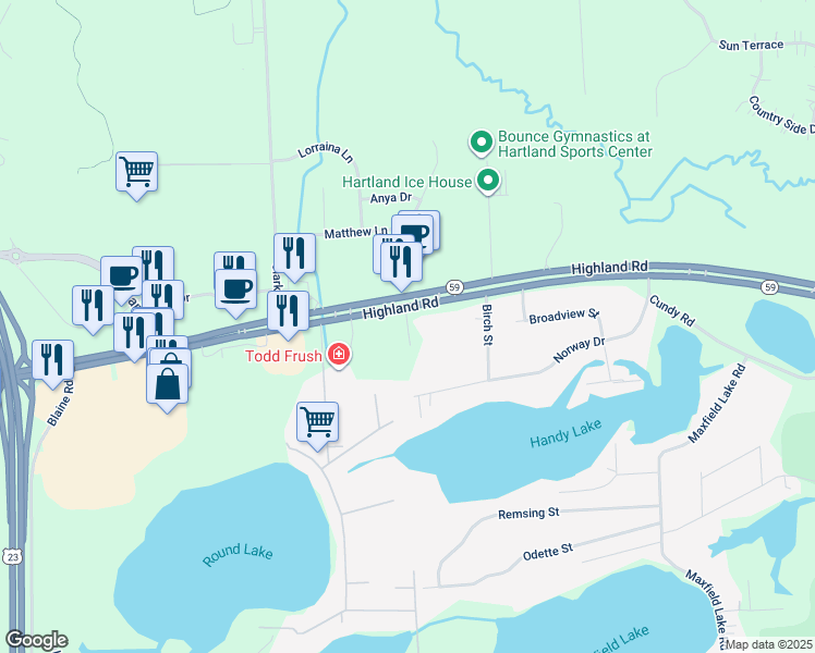 map of restaurants, bars, coffee shops, grocery stores, and more near 2110 Progressive Drive in Hartland