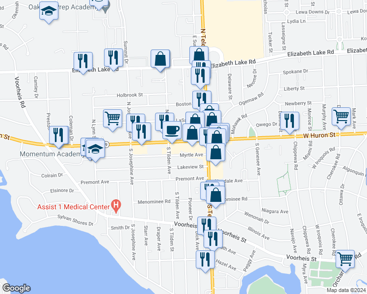 map of restaurants, bars, coffee shops, grocery stores, and more near 960 Myrtle Avenue in Waterford Township